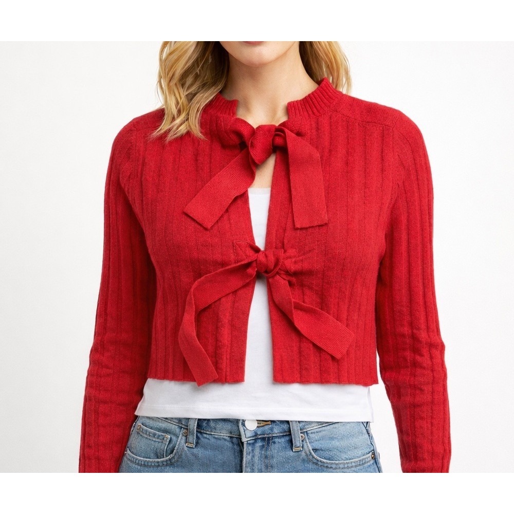 Derek Lam 10 Crosby Wool Cashmere Blend Tie Front Cropped Cardigan Sweater Red M